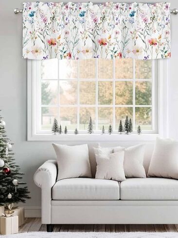 Rod Pocket Valance Watercolor Spring Flowers Short Kitchen Curtains for Windows Decor,Country Garden Floral Window Treatment for Bathroom Living Room Bedroom,1 Panel,54x18in in Saudi Arabia