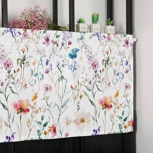 Rod Pocket Valance Watercolor Spring Flowers Short Kitchen Curtains for Windows Decor,Country Garden Floral Window Treatment for Bathroom Living Room Bedroom,1 Panel,54x18in in Saudi Arabia