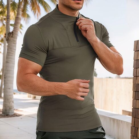 Men's Casual T-Shirt Mock Neck Short Sleeve Quarter-Zip Slim Fit Henley Shirts Summer Sports Basic Top in Saudi Arabia