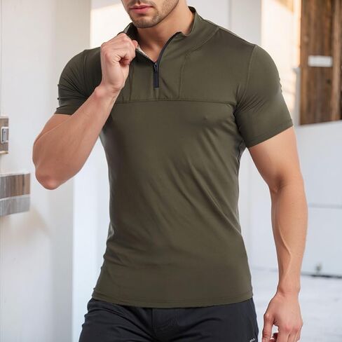Men's Casual T-Shirt Mock Neck Short Sleeve Quarter-Zip Slim Fit Henley Shirts Summer Sports Basic Top in Saudi Arabia