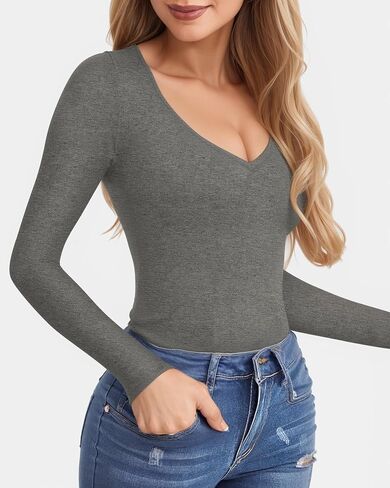 CLOZOZ V Neck Tops Sexy Shirts for Women Fitted Tight T Shirts Basic Tee in Saudi Arabia