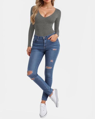 CLOZOZ V Neck Tops Sexy Shirts for Women Fitted Tight T Shirts Basic Tee in Saudi Arabia