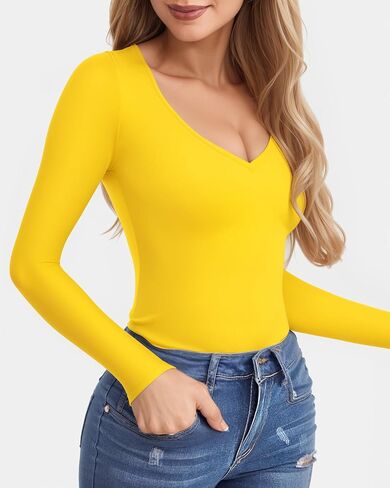 CLOZOZ V Neck Tops Sexy Shirts for Women Fitted Tight T Shirts Basic Tee in Saudi Arabia