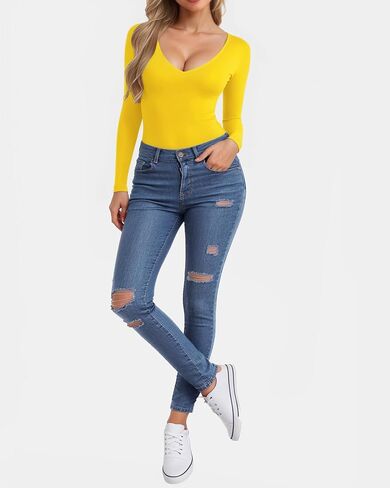 CLOZOZ V Neck Tops Sexy Shirts for Women Fitted Tight T Shirts Basic Tee in Saudi Arabia