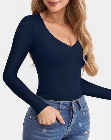 CLOZOZ V Neck Tops Sexy Shirts for Women Fitted Tight T Shirts Basic Tee in Saudi Arabia