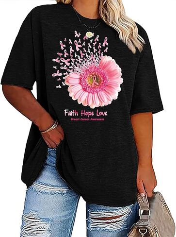 حجم كبير قمصان المرأة سرطان الثدي الشريط الوردي تي شيرت للتوعية بسرطان الثدي نشر الأمل بأكمام قصيرة in Kuwait