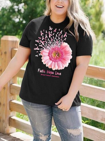 حجم كبير قمصان المرأة سرطان الثدي الشريط الوردي تي شيرت للتوعية بسرطان الثدي نشر الأمل بأكمام قصيرة in Kuwait