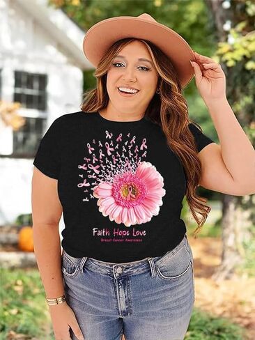 حجم كبير قمصان المرأة سرطان الثدي الشريط الوردي تي شيرت للتوعية بسرطان الثدي نشر الأمل بأكمام قصيرة in Kuwait