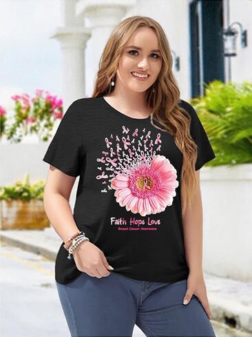 حجم كبير قمصان المرأة سرطان الثدي الشريط الوردي تي شيرت للتوعية بسرطان الثدي نشر الأمل بأكمام قصيرة in Kuwait