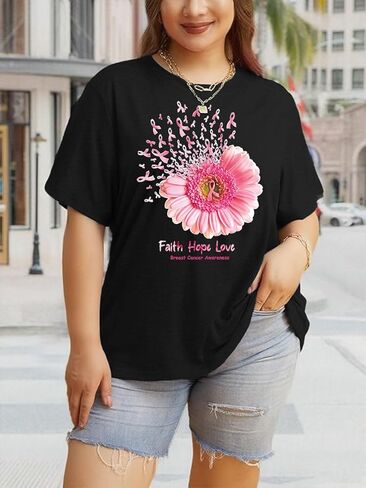 حجم كبير قمصان المرأة سرطان الثدي الشريط الوردي تي شيرت للتوعية بسرطان الثدي نشر الأمل بأكمام قصيرة in Kuwait