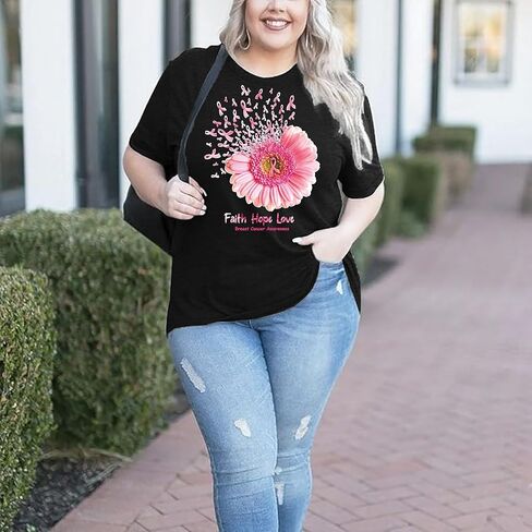 حجم كبير قمصان المرأة سرطان الثدي الشريط الوردي تي شيرت للتوعية بسرطان الثدي نشر الأمل بأكمام قصيرة in Kuwait