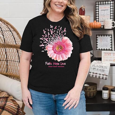 حجم كبير قمصان المرأة سرطان الثدي الشريط الوردي تي شيرت للتوعية بسرطان الثدي نشر الأمل بأكمام قصيرة in Kuwait