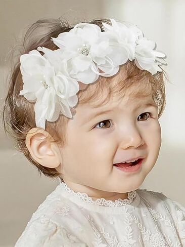 Baby Girl Lace Headbands with BowKnot Flowers Christening Baptism Headband Elastic Floral Hairbands Soft Lace Hair Accessory Newborn Infant Toddler for Birthday Party (Pearl Wide, One Size) in Kuwait