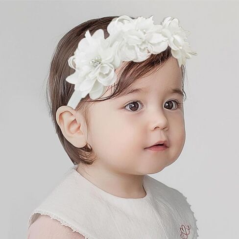 Baby Girl Lace Headbands with BowKnot Flowers Christening Baptism Headband Elastic Floral Hairbands Soft Lace Hair Accessory Newborn Infant Toddler for Birthday Party (Pearl Wide, One Size) in Kuwait