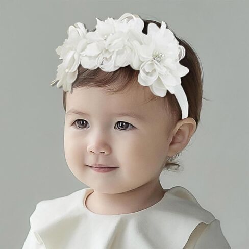 Baby Girl Lace Headbands with BowKnot Flowers Christening Baptism Headband Elastic Floral Hairbands Soft Lace Hair Accessory Newborn Infant Toddler for Birthday Party (Pearl Wide, One Size) in Kuwait