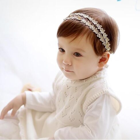 Baby Girl Lace Headbands with BowKnot Flowers Christening Baptism Headband Elastic Floral Hairbands Soft Lace Hair Accessory Newborn Infant Toddler for Birthday Party (Pearl Wide, One Size) in Kuwait