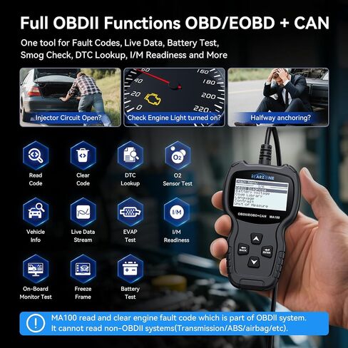 الماسح الضوئي obd2 MA100 قارئ رمز السيارة الاحترافي obdii أداة المسح الضوئي لفحص ضوء المحرك وقراءة رموز أخطاء المحرك الواضحة لجميع مركبات بروتوكول obd2 لعام 1996 والأحدث وسهولة استخدام التوصيل والتشغيل in Saudi Arabia