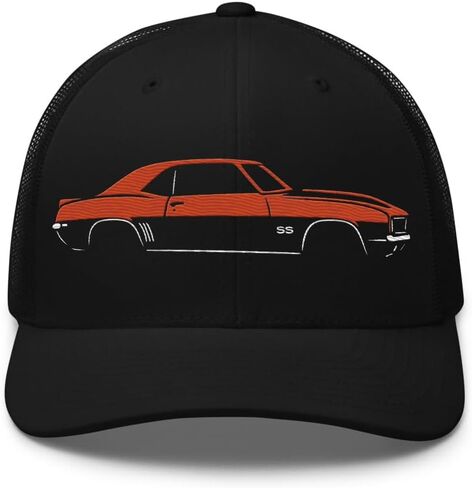 قبعة Hugger Orange 1969 Camaro SS Trucker Hat - قبعة بيسبول شبكية مطرزة بتصميم سيارة العضلات الكلاسيكية in Saudi Arabia