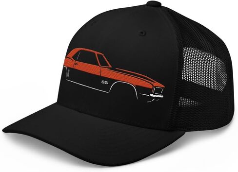 قبعة Hugger Orange 1969 Camaro SS Trucker Hat - قبعة بيسبول شبكية مطرزة بتصميم سيارة العضلات الكلاسيكية in Saudi Arabia