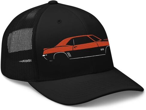 قبعة Hugger Orange 1969 Camaro SS Trucker Hat - قبعة بيسبول شبكية مطرزة بتصميم سيارة العضلات الكلاسيكية in Saudi Arabia
