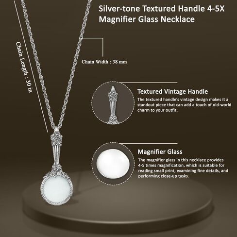 Silver-tone Textured Handle 4-5X Magnifier Glass Necklace 30" in Saudi Arabia
