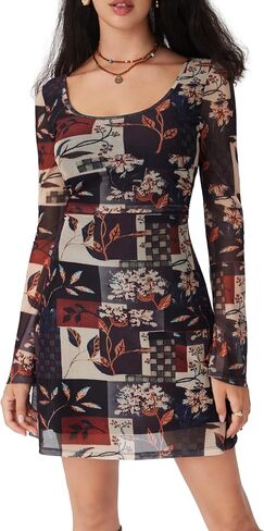 فستان CIDER النسائي بأكمام جرس منقوش عليه زهور Y2k Boho Mesh فساتين قصيرة Bodycon أزياء الخريف للخروج والحفلات والمواعيد الليلية in Saudi Arabia