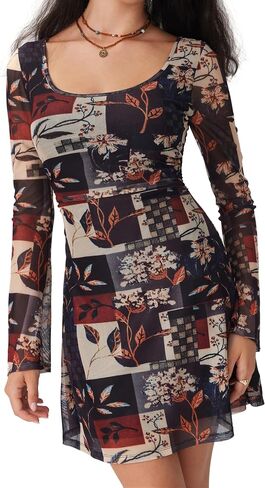 فستان CIDER النسائي بأكمام جرس منقوش عليه زهور Y2k Boho Mesh فساتين قصيرة Bodycon أزياء الخريف للخروج والحفلات والمواعيد الليلية in Saudi Arabia