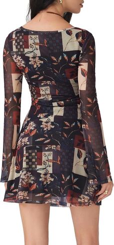 فستان CIDER النسائي بأكمام جرس منقوش عليه زهور Y2k Boho Mesh فساتين قصيرة Bodycon أزياء الخريف للخروج والحفلات والمواعيد الليلية in Saudi Arabia