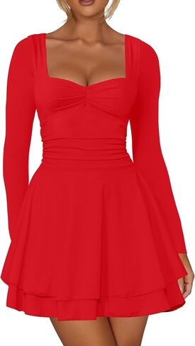 Kaximil Women's Long Sleeve Square Neck Mini Dress Ruched Ruffle Corset A Line Party Short Dresses in Saudi Arabia