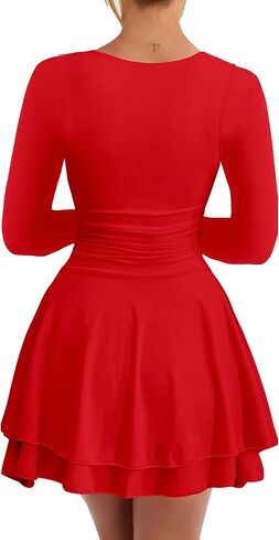 Kaximil Women's Long Sleeve Square Neck Mini Dress Ruched Ruffle Corset A Line Party Short Dresses in Saudi Arabia