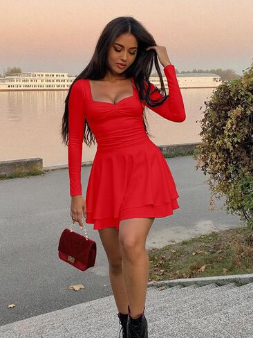 Kaximil Women's Long Sleeve Square Neck Mini Dress Ruched Ruffle Corset A Line Party Short Dresses in Saudi Arabia