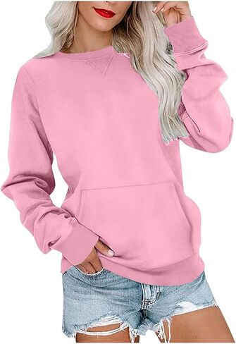 Womens Fashion Sweatshirts Solid Color Casual Round Neck Pullover Tops Loose Fit Fleece Pockets Hoodie Fall Clothes in Saudi Arabia