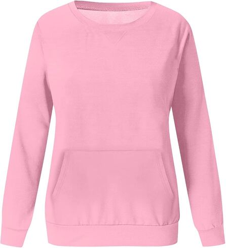 Womens Fashion Sweatshirts Solid Color Casual Round Neck Pullover Tops Loose Fit Fleece Pockets Hoodie Fall Clothes in Saudi Arabia