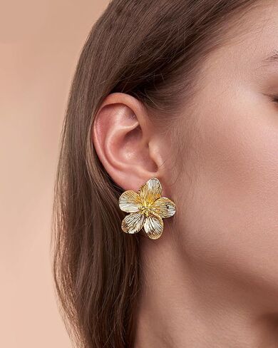 Gold Large Chunky Flower Statement Earrings for Women, Summer Beach Floral Handmade Drop Jewelry, Maximalist Wedding Date Birthday Gift, Bold Exaggerated Textured Dangle Trendy Ribbed Jewelry, Golden Chandelier Fashion Accessories, Vintage Hammered Thick  in Kuwait