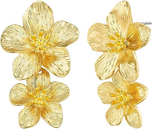 Gold Large Chunky Flower Statement Earrings for Women, Summer Beach Floral Handmade Drop Jewelry, Maximalist Wedding Date Birthday Gift, Bold Exaggerated Textured Dangle Trendy Ribbed Jewelry, Golden Chandelier Fashion Accessories, Vintage Hammered Thick  in Saudi Arabia