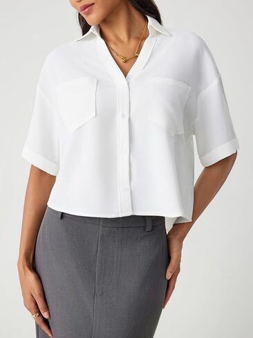 CIDER Collar Pocket Short Sleeve Crop Blouse in Saudi Arabia