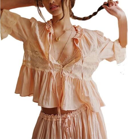 Women Boho Ruffle Lace Trim Blouses Vintage Tie Front Flowy Sheer Cropped Tops Y2k Button Down Coquette Peplum Shirts in Saudi Arabia