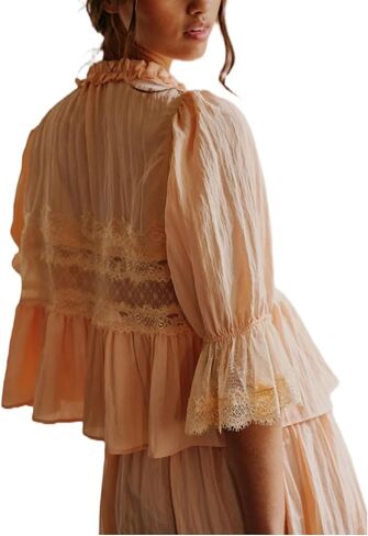 Women Boho Ruffle Lace Trim Blouses Vintage Tie Front Flowy Sheer Cropped Tops Y2k Button Down Coquette Peplum Shirts in Saudi Arabia