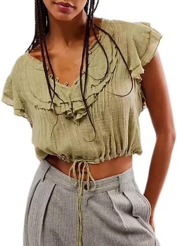 Women Boho Ruffle Lace Trim Blouses Vintage Tie Front Flowy Sheer Cropped Tops Y2k Button Down Coquette Peplum Shirts in Saudi Arabia