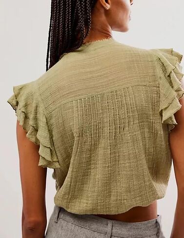 Women Boho Ruffle Lace Trim Blouses Vintage Tie Front Flowy Sheer Cropped Tops Y2k Button Down Coquette Peplum Shirts in Saudi Arabia