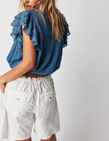 Women Boho Ruffle Lace Trim Blouses Vintage Tie Front Flowy Sheer Cropped Tops Y2k Button Down Coquette Peplum Shirts in Saudi Arabia