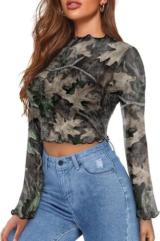 Jndtueit 70s Womens Bell Sleeve Top Floral Tops for Women Mock Neck Flare Tops Sheer Mesh Long Sleeve Top Ruffle Shirts in Saudi Arabia