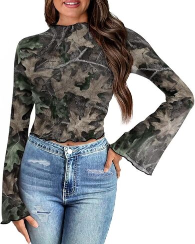 Jndtueit 70s Womens Bell Sleeve Top Floral Tops for Women Mock Neck Flare Tops Sheer Mesh Long Sleeve Top Ruffle Shirts in Saudi Arabia