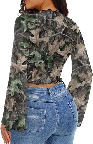 Jndtueit 70s Womens Bell Sleeve Top Floral Tops for Women Mock Neck Flare Tops Sheer Mesh Long Sleeve Top Ruffle Shirts in Saudi Arabia