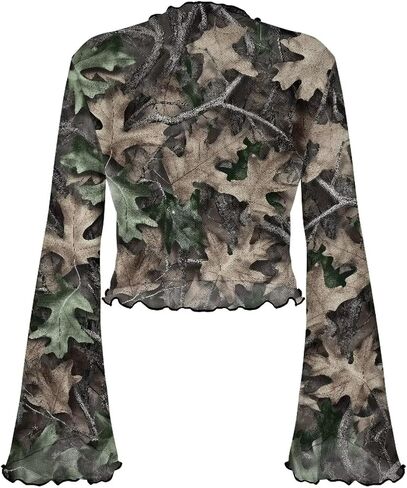 Jndtueit 70s Womens Bell Sleeve Top Floral Tops for Women Mock Neck Flare Tops Sheer Mesh Long Sleeve Top Ruffle Shirts in Saudi Arabia