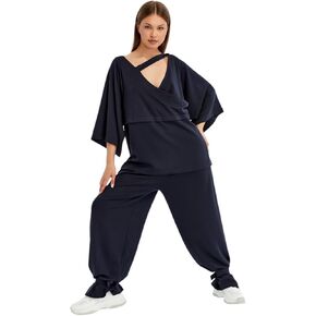 Women's Asymmetrical V-Neck Top, Dolman Sleeve Wrap Tunic, Navy Blue in Saudi Arabia