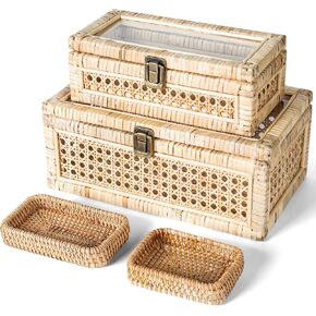 Rattan Display Boxes with Glass Lids - Rectangular Decorative Storage Box for Shelf - Set of 2 Woven Wicker Boho Cane Decor Organizers - 2 Removable Rattan Storage Trays in Saudi Arabia