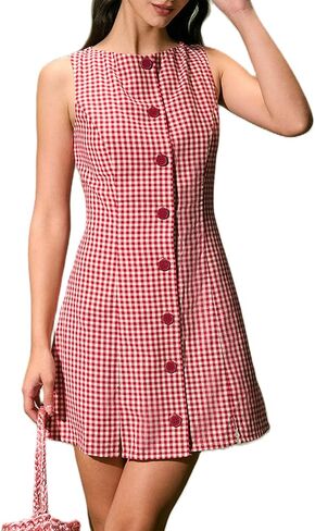 Women Summer Mini Plaid Tank Dress Sleeveless Round Neck Button Up Bodycon Cocktail Party Dress in Saudi Arabia