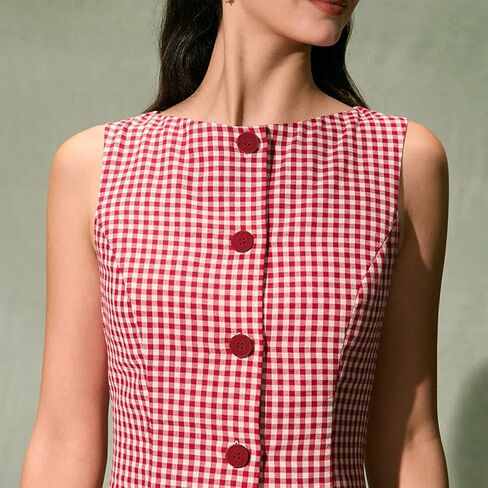 Women Summer Mini Plaid Tank Dress Sleeveless Round Neck Button Up Bodycon Cocktail Party Dress in Saudi Arabia