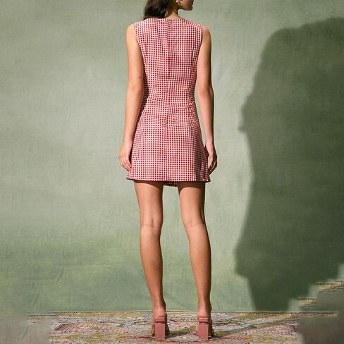 Women Summer Mini Plaid Tank Dress Sleeveless Round Neck Button Up Bodycon Cocktail Party Dress in Saudi Arabia